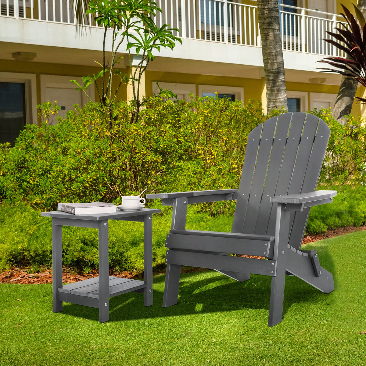 Meluvici double Adirondack side table grey finish pairs with any outdoor space.