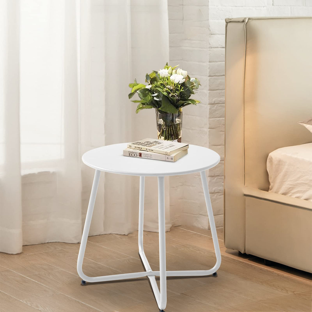 Meluvici end table metal sturdy round design great for yard lounging and small spaces.