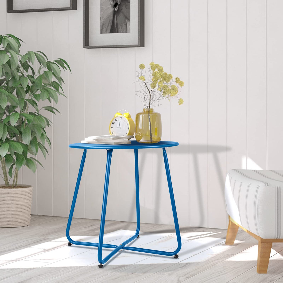 Meluvici portable end table highlighting easy setup and storage between spaces.