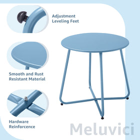 Meluvici round blue patio side table legs detail showing sturdy X-frame support