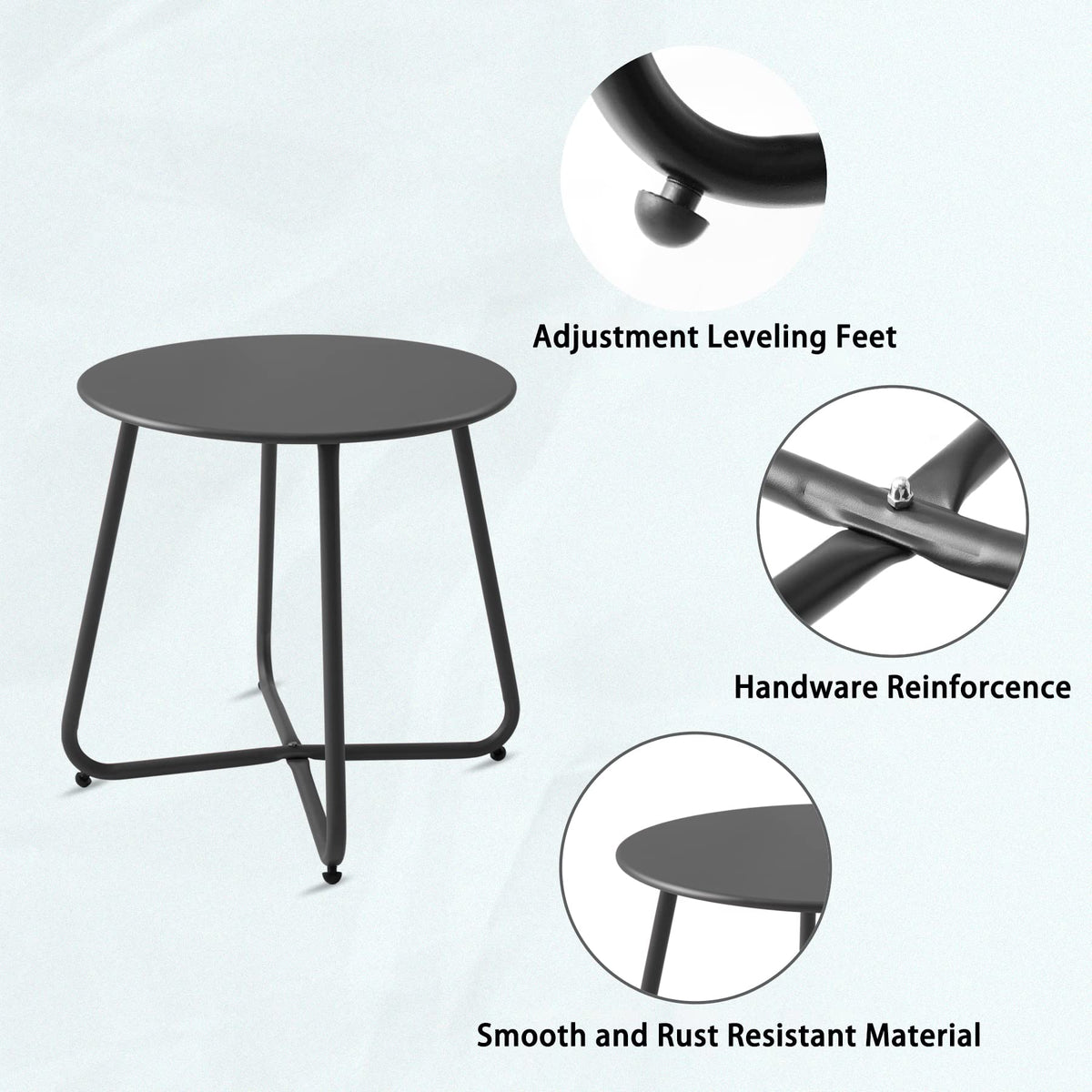Meluvici Patio small side table captured from side angle, easy to assemble.