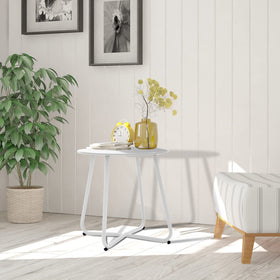 Meluvici round table with adjustable feet, stabilizes on uneven surfaces.