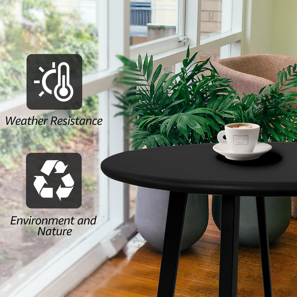 Meluvici side table with steel frame withstands weather for balcony use.