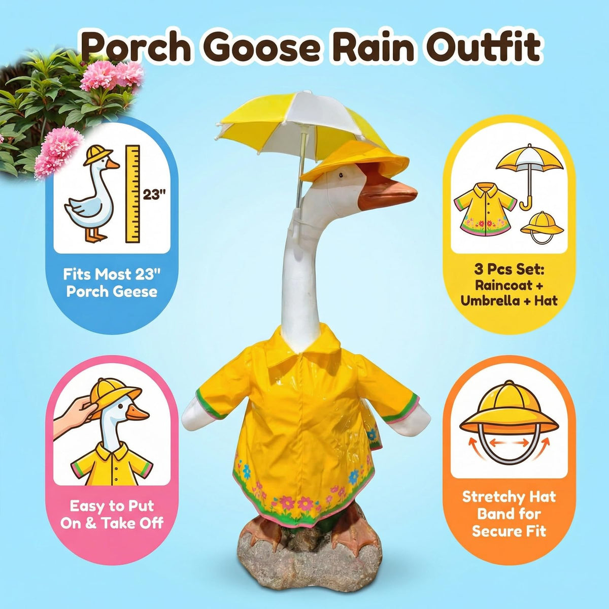 Memxike goose hat with elastic strap stays secure on outdoor sculptures