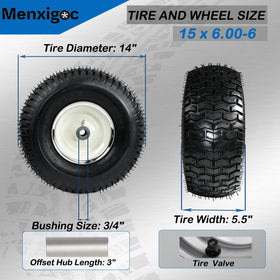 Menxigoc tire wheel assembly demonstrates easy front-mount installation for compatible mowers.