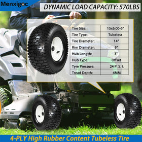 Menxigoc front-tire on-tractor image shows reliable replacement for compatible garden tractors.