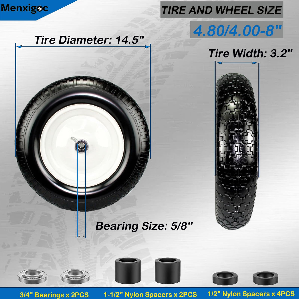 Menxigoc polyurethane foam wheel offers puncture-resistant performance on rough terrain.