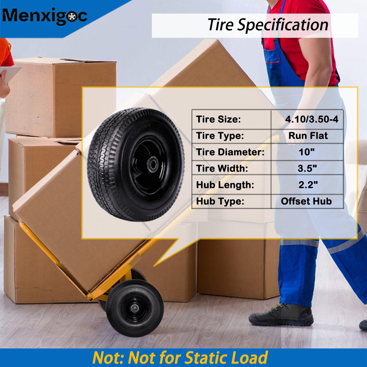 Menxigoc steel rim and solid hub; impact-resistant all-terrain performance