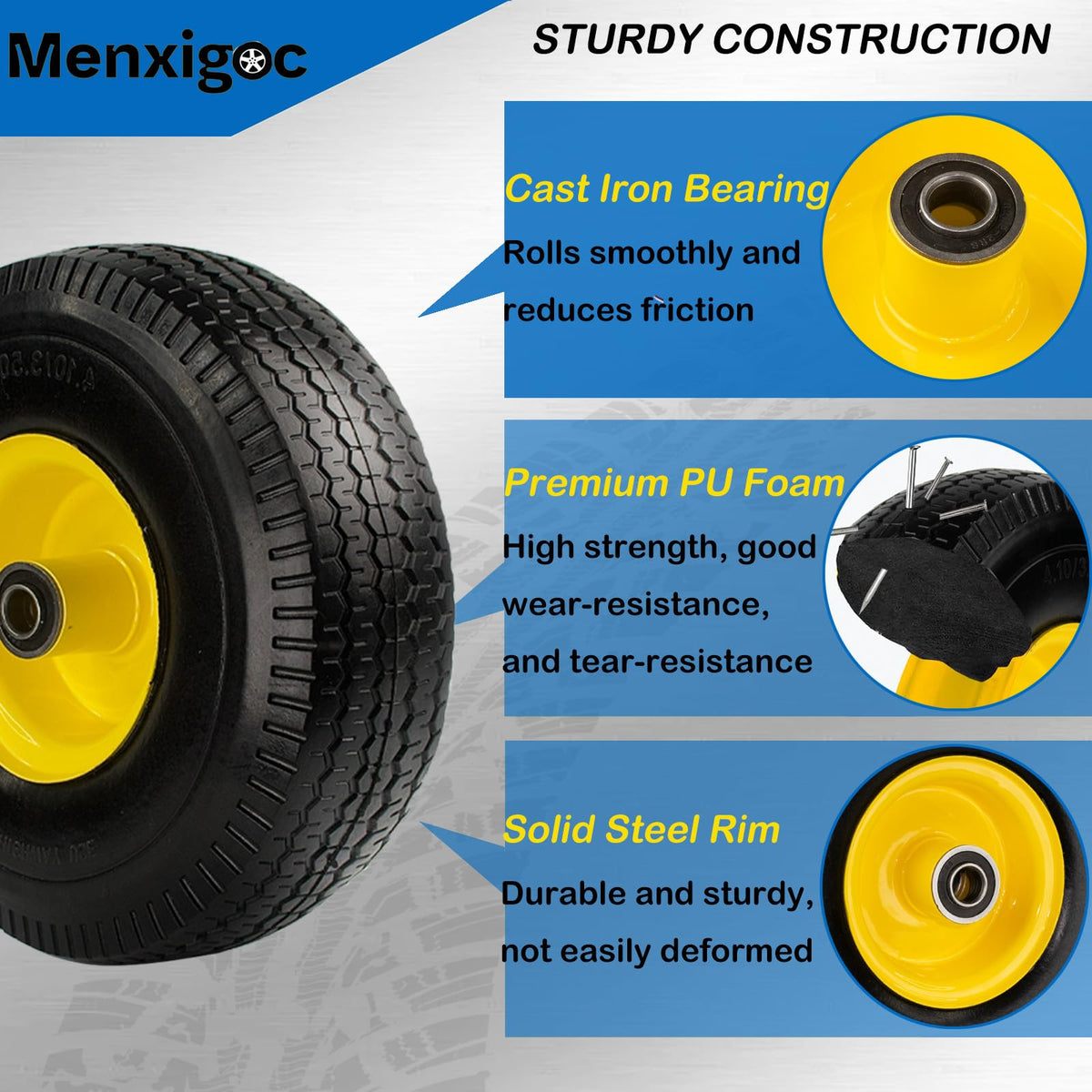 Menxigoc steel rim with solid hub for strong impact resistance.