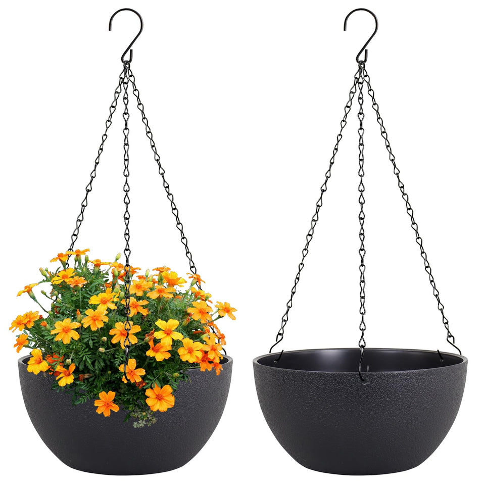Meowell 10-inch round black hanging planter for indoor and outdoor use