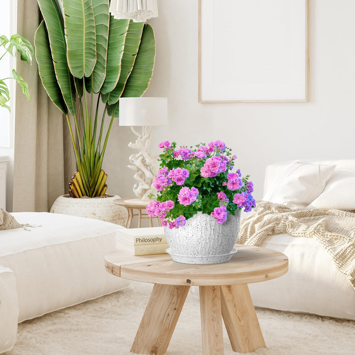 Meowell pot with drainage holes protects surfaces from excess water.