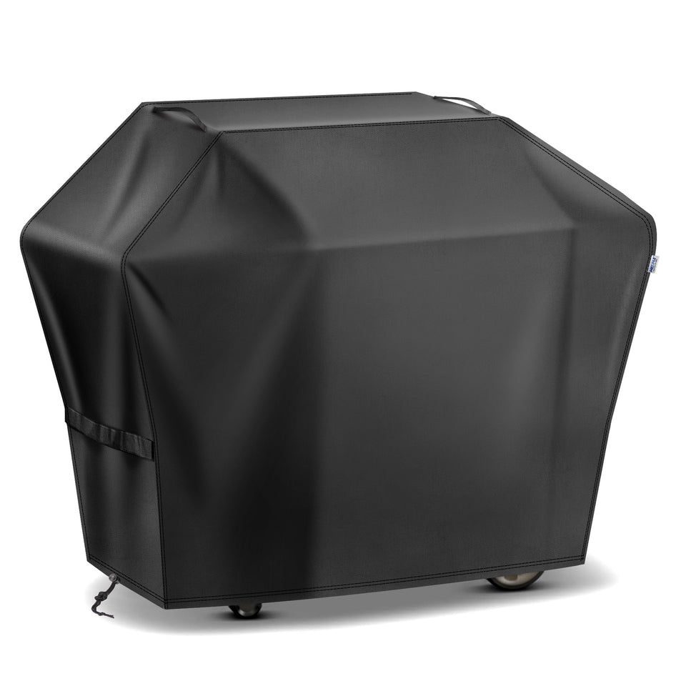 Mepple 60-inch grill cover in front view protects grill from sun and rain.