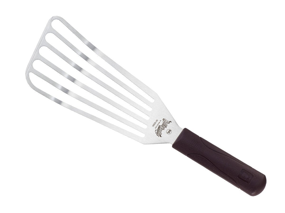 Mercer Culinary Hell's Handle fish turner close-up blade shows precision-ground steel for reliable flips.