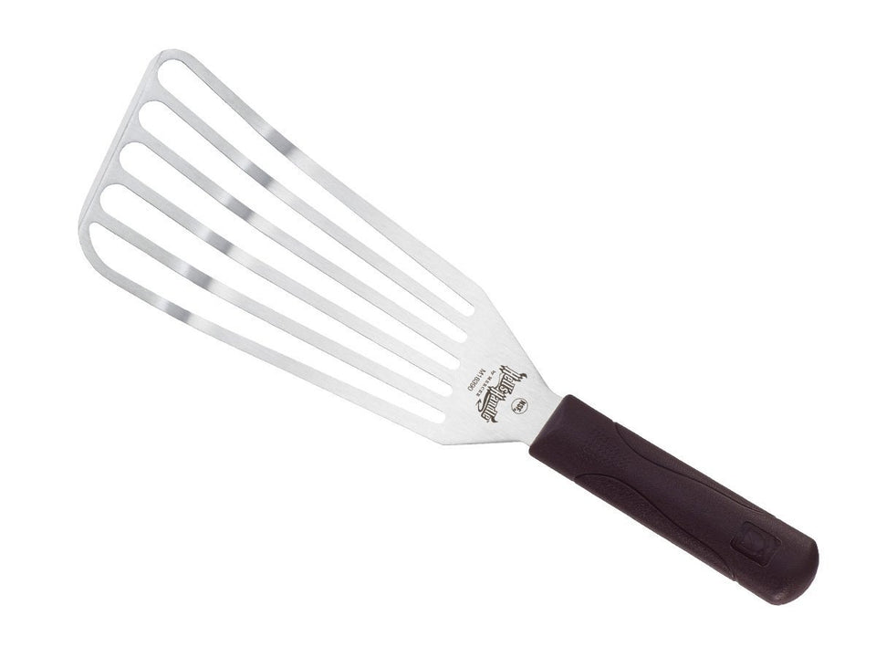 Mercer Culinary Hell's Handle fish turner close-up blade shows precision-ground steel for reliable flips.