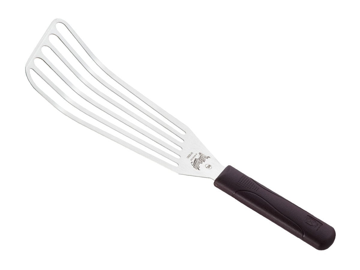 Mercer Culinary Hell's Handle stainless blade in action on grill.