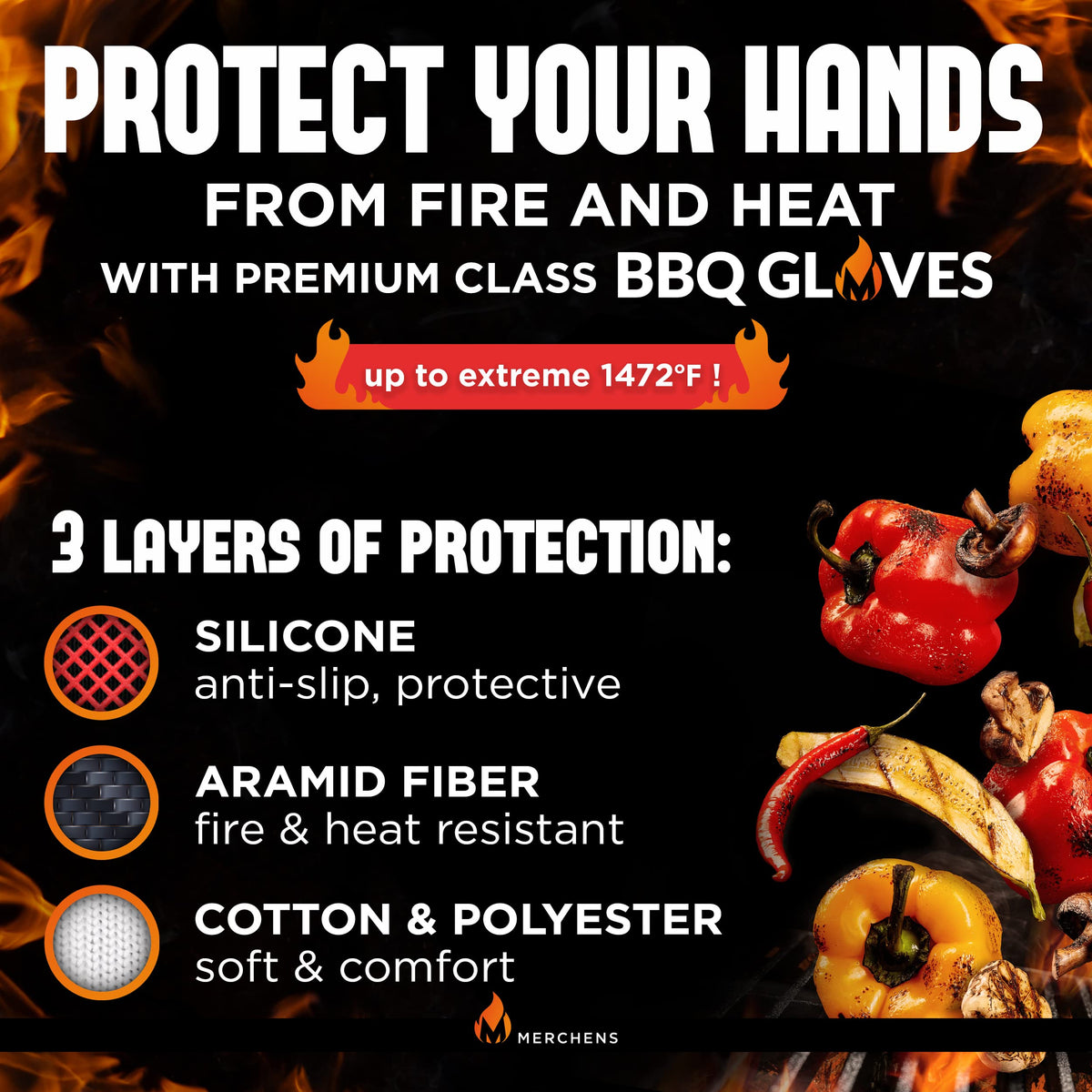 M MERCHENS BBQ gloves with 4.5 inch cuff protecting wrists during hot tasks