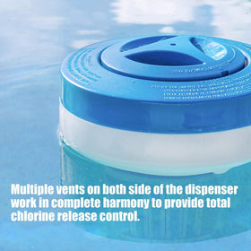 Merkia floating chlorinator suitable for above-ground and in-ground pools and spas.
