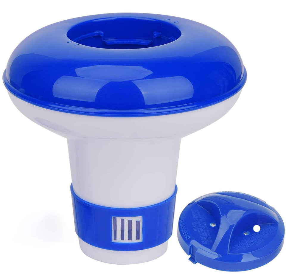 Merkia floating spa dispenser cap close-up showing secure twist-lock for precise dosing.