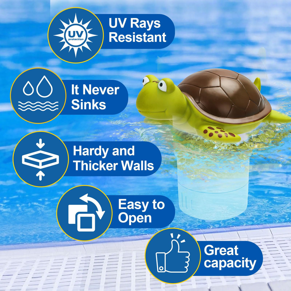 Merkia pool floater top vacuum design prevents sinking and promotes stable dispersion.
