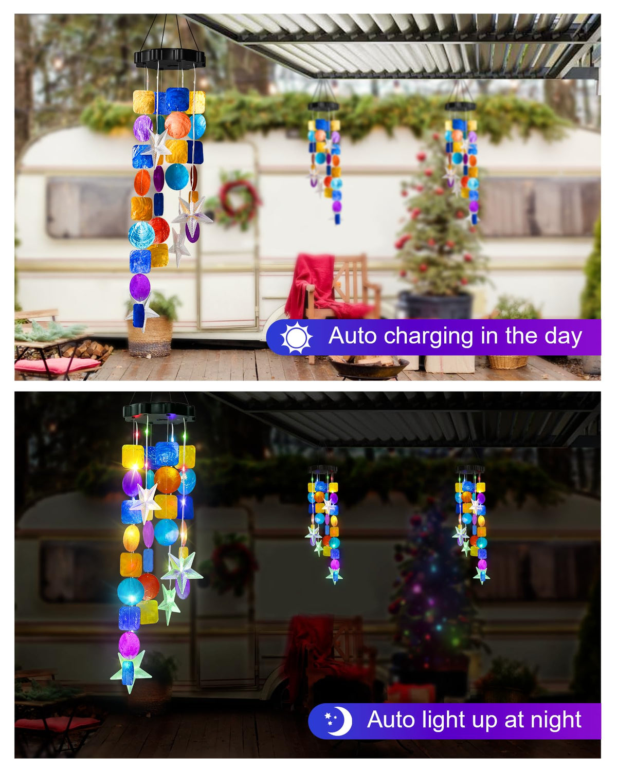 MERRIMAX M solar shell wind chimes glow on the patio, adding warm evening decor.