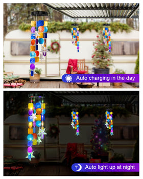 MERRIMAX M solar shell wind chimes glow on the patio, adding warm evening decor.