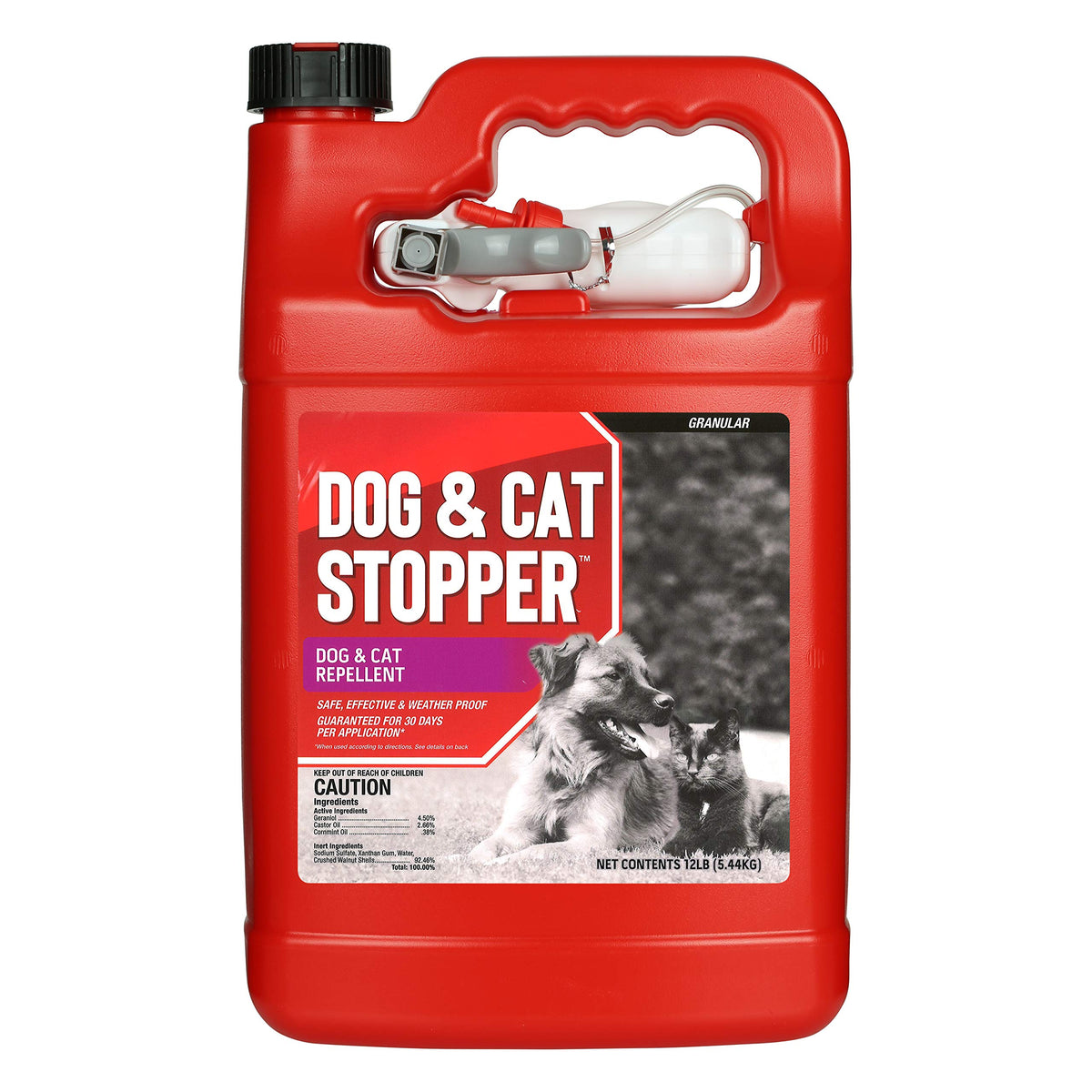 Messinas Dog & Cat Stopper bottle label shows natural ingredients for safe outdoor use.