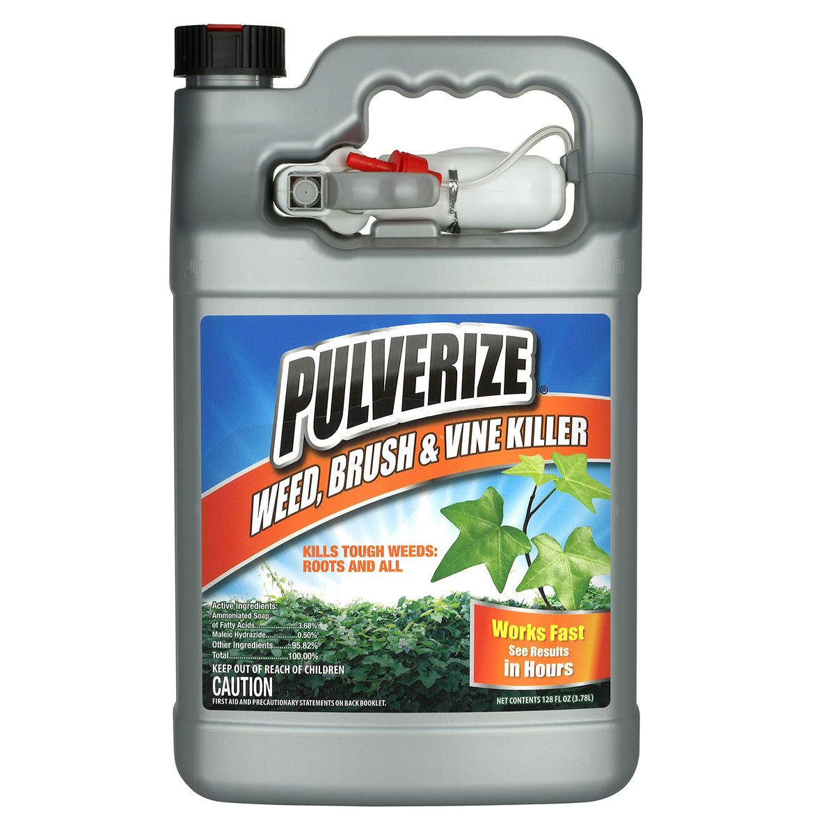 Messinas Pulverize bottle label shows fast-acting non-selective weed control for driveways