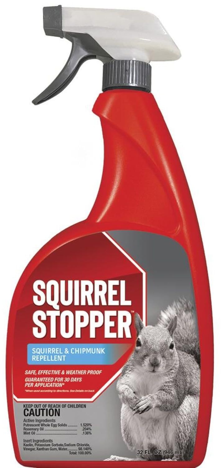Messinas Squirrel Stopper spray bottle deters chewing near bird feeders and gardens.