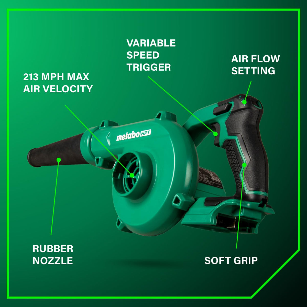 Metabo HPT compact blower in use delivering efficient airflow for debris clearance.