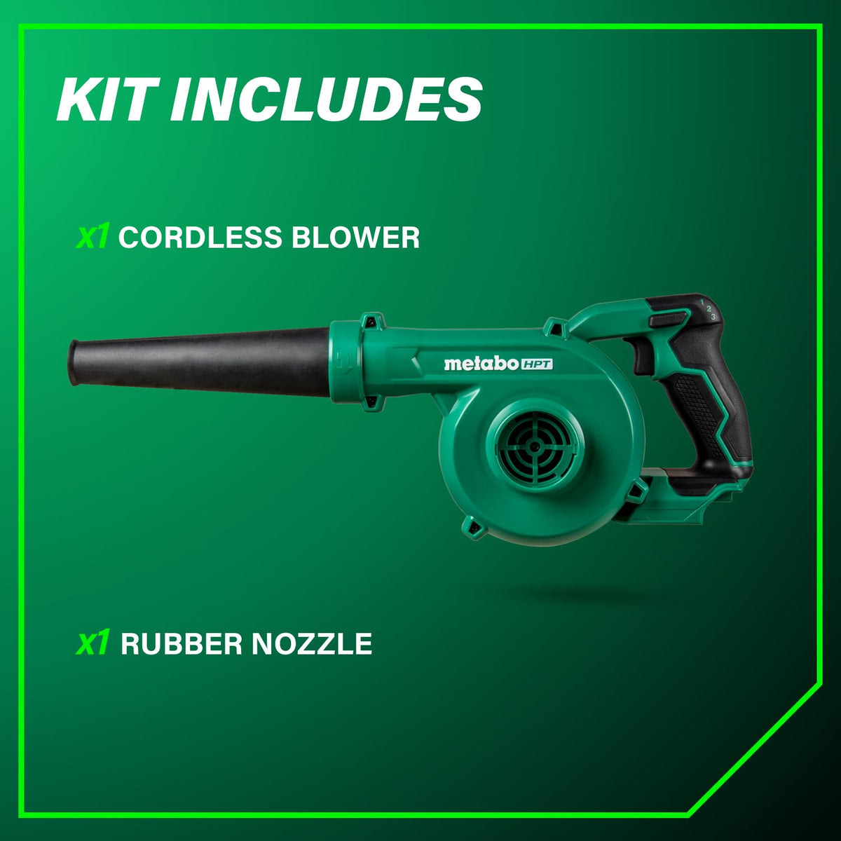 Metabo HPT blower with thumb lock-on switch to reduce fatigue.
