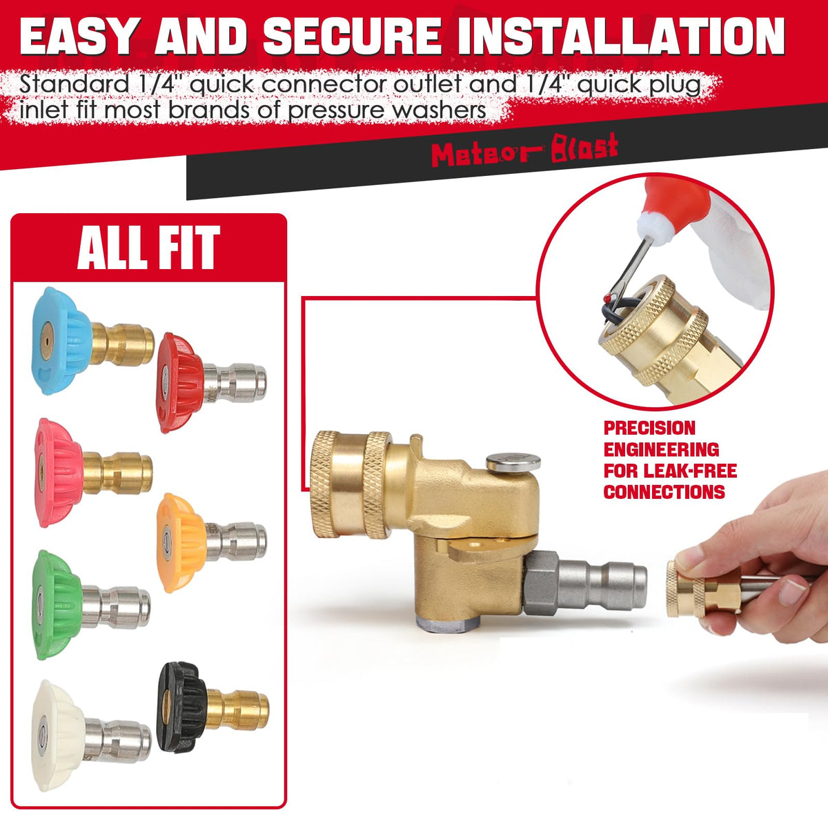 Meteor Blast 1/4-inch inlet and outlet for secure connections.
