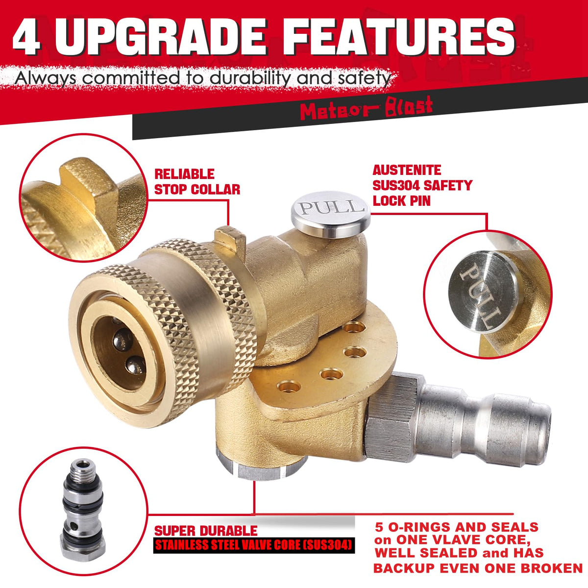 Meteor Blast stainless steel safety lock enhances reliable operation.