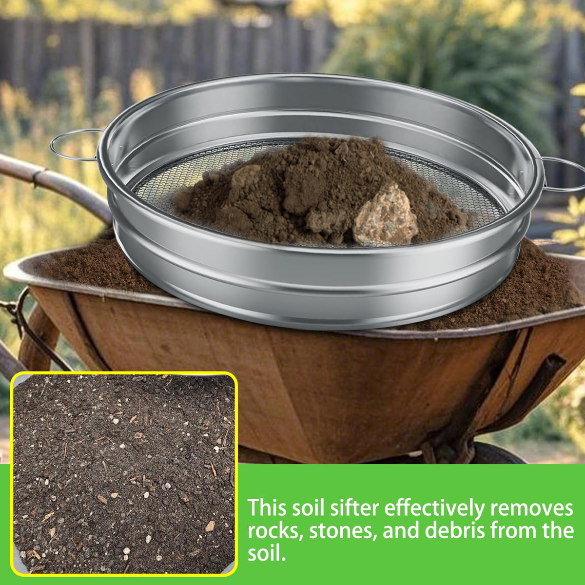 MEWPON galvanized iron sifter highlights rust-resistant construction.