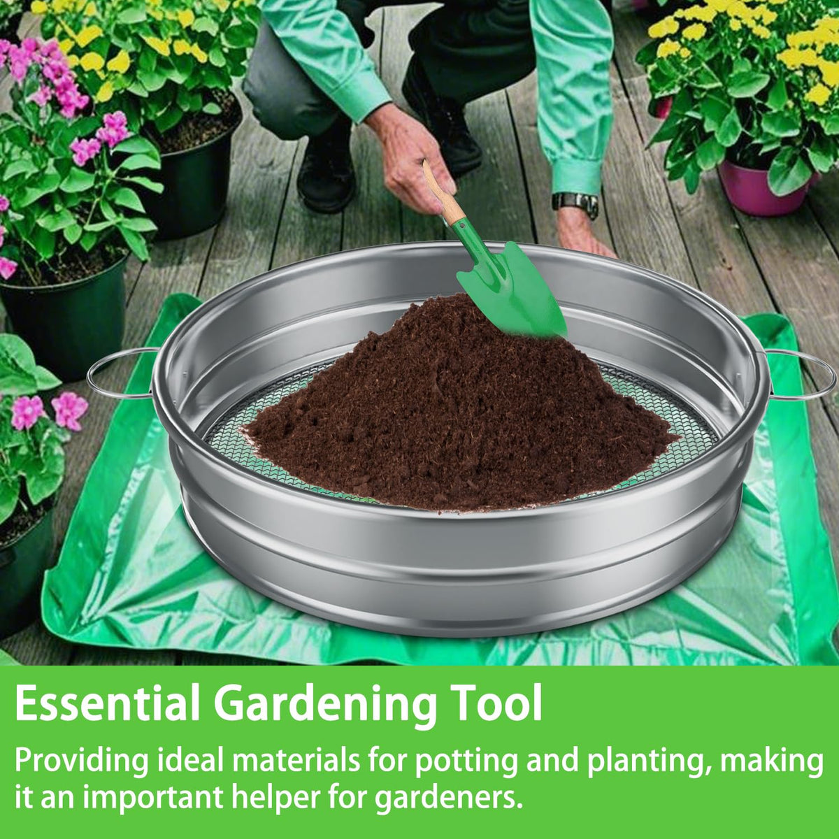 MEWPON sifter separates rocks and debris for clean potting mix.