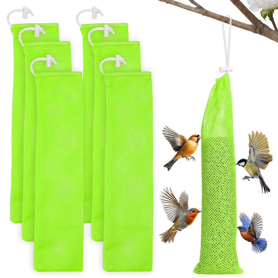 MEWTOGO 6-piece Finch Sock Feeder yellow, durable outdoor seed feeding setup.