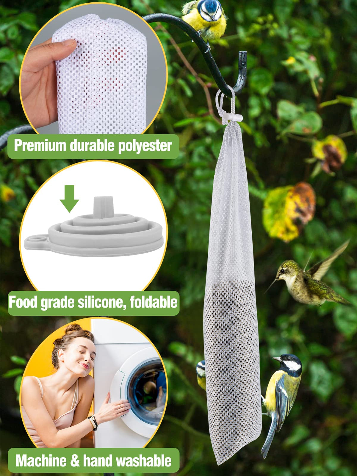MEWTOGO food-grade foldable funnels for quick filling and reducing spills during outdoor birdseed prep.
