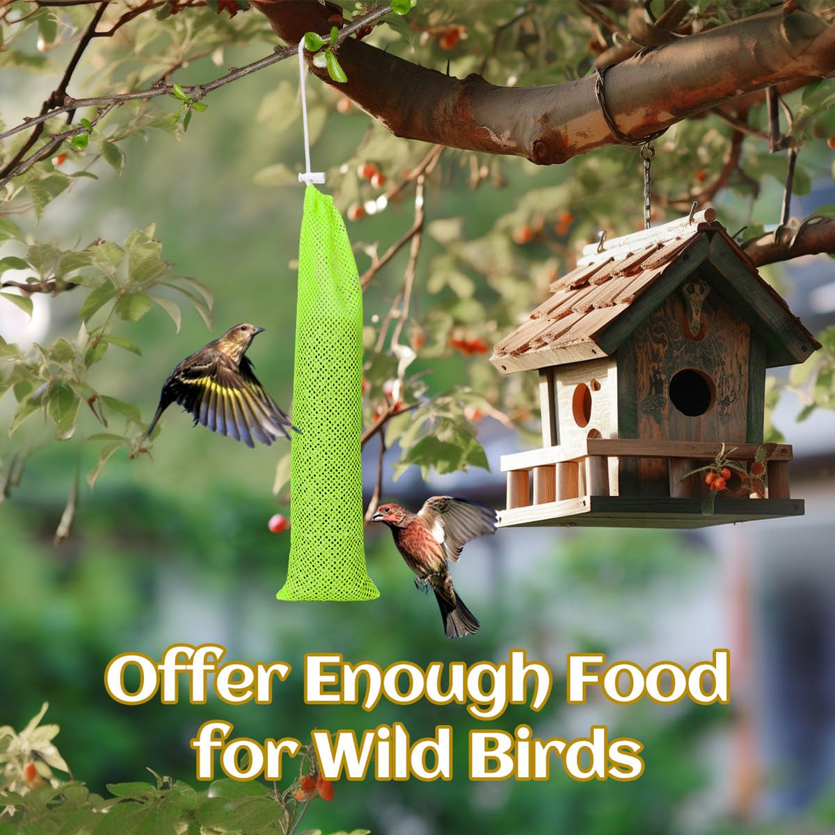 MEWTOGO hanging feeder in a vibrant garden scene.