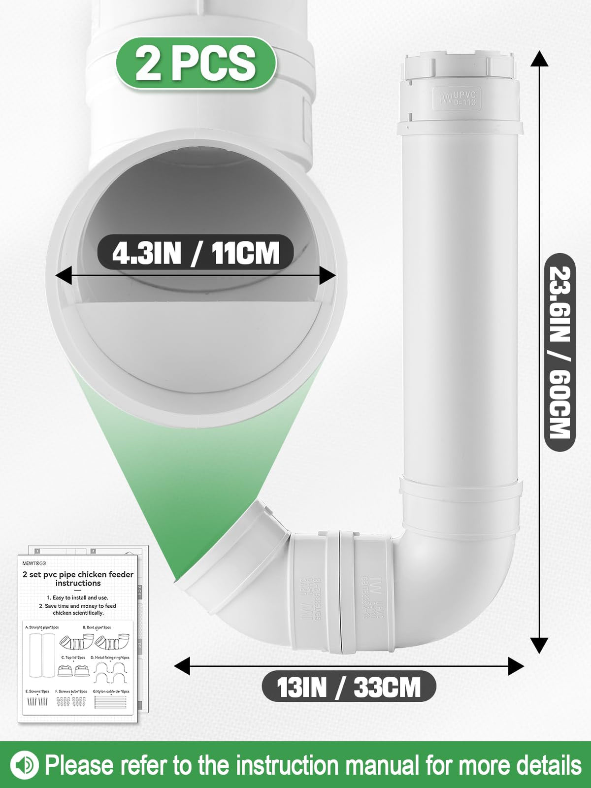 MEWTOGO large capacity PVC pipe feeder serves multiple chickens