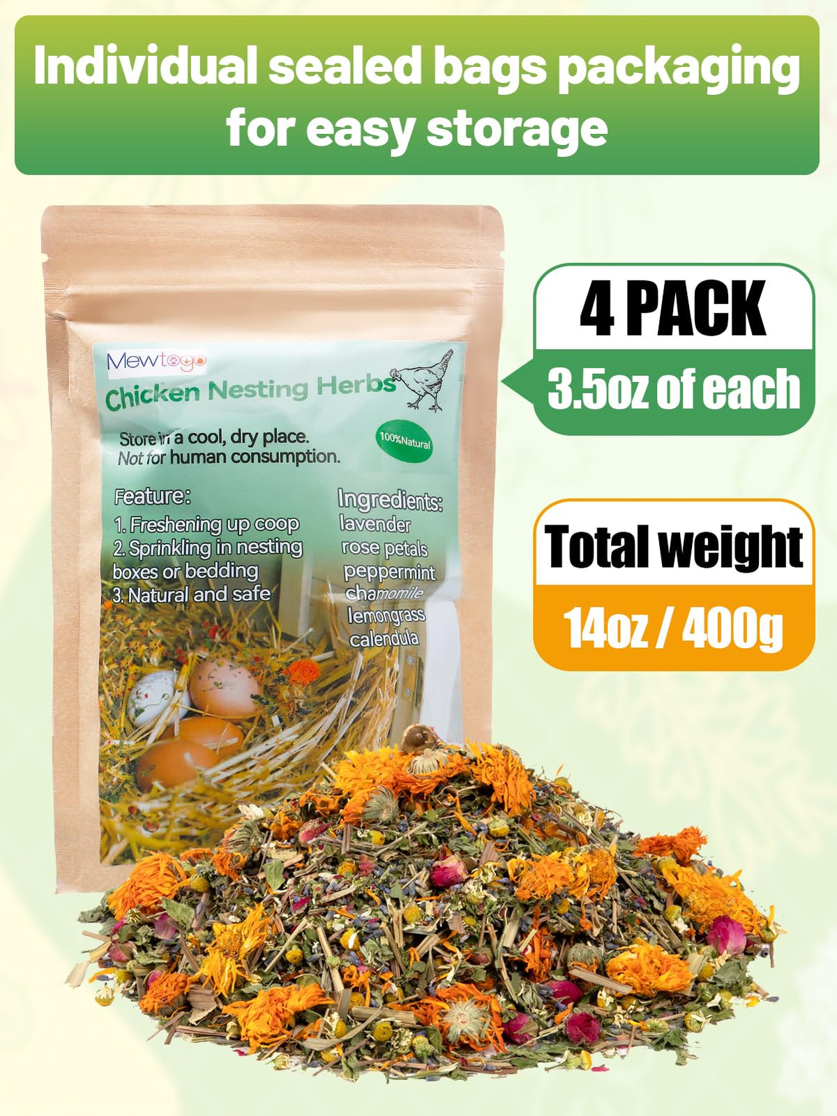 MEWTOGO natural poultry herbs are safe, non-toxic and edible for hens.