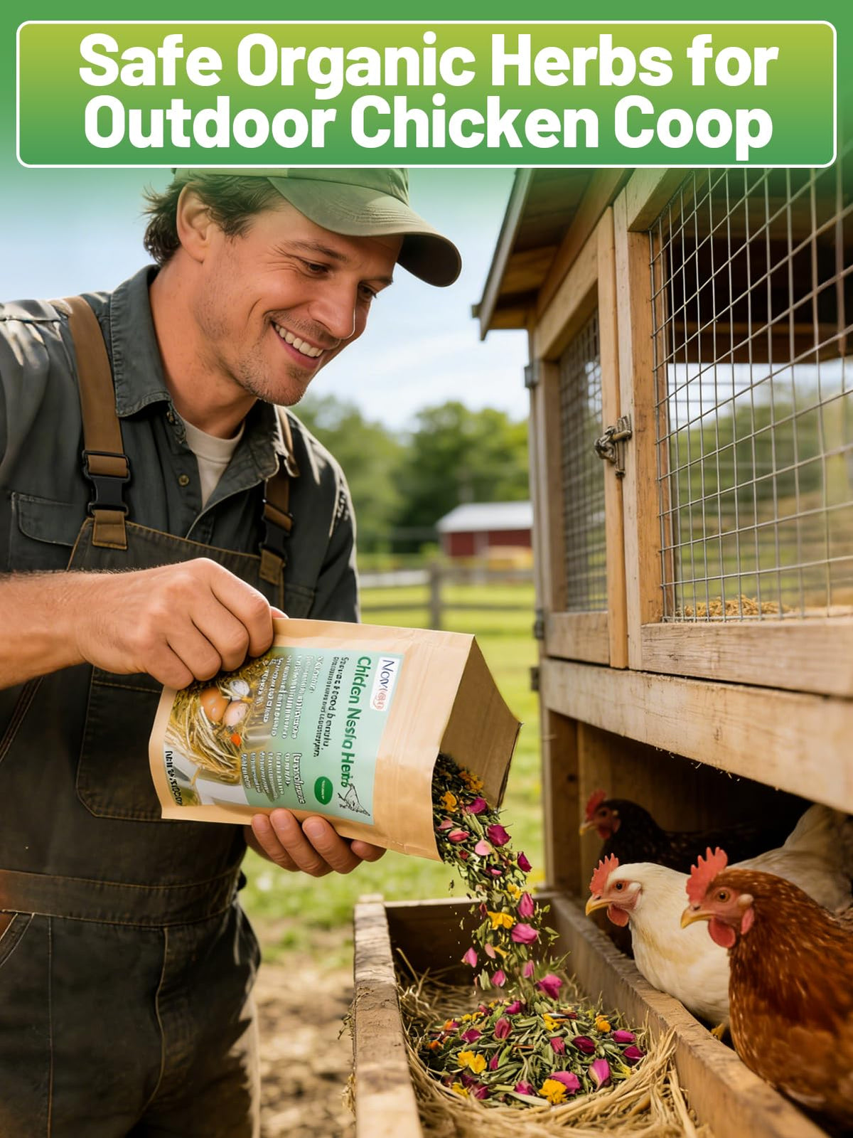 MEWTOGO nest prep visuals show scattering herbs around the coop.