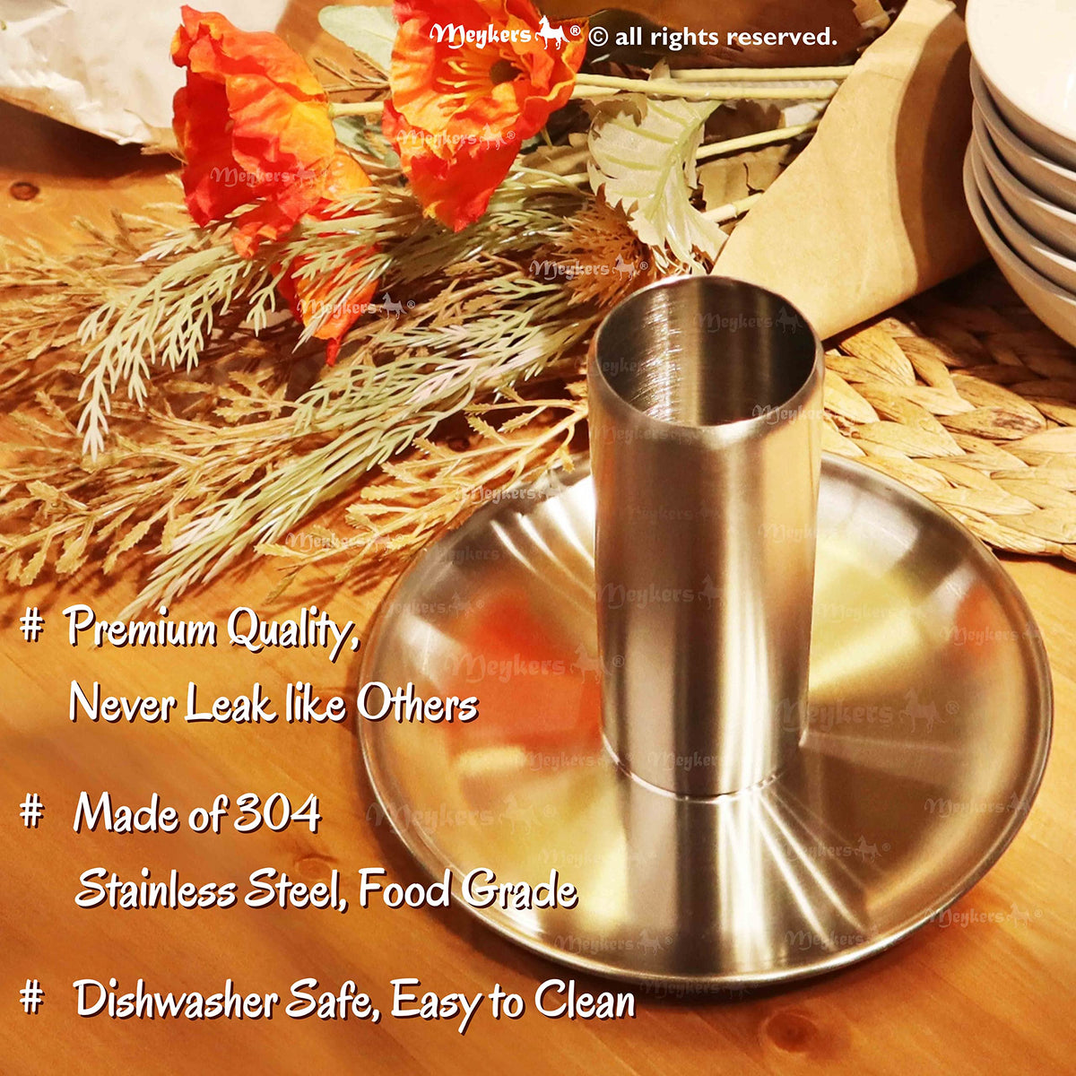 Meykers beer can chicken holder fits oven, grill, or smoker for versatile cooking.
