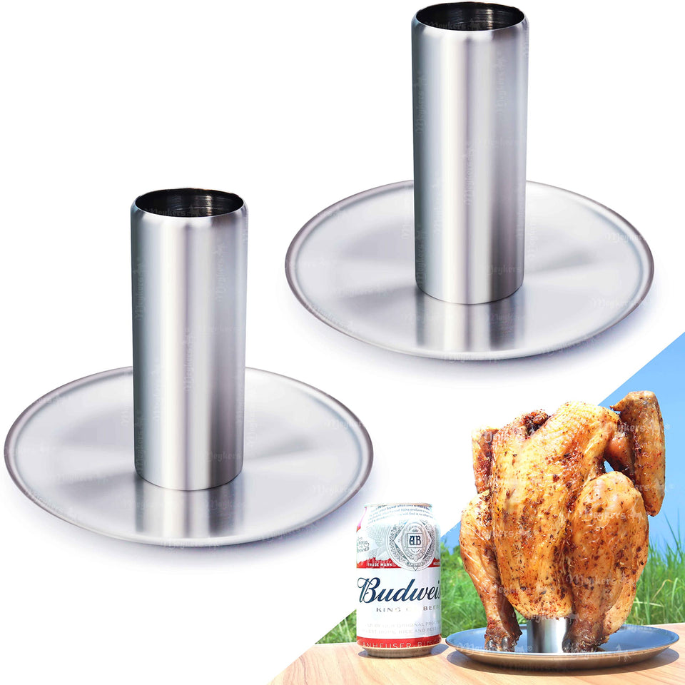 Meykers beer can chicken holder upgraded 2-pack front view shows sturdy, leak-free design.