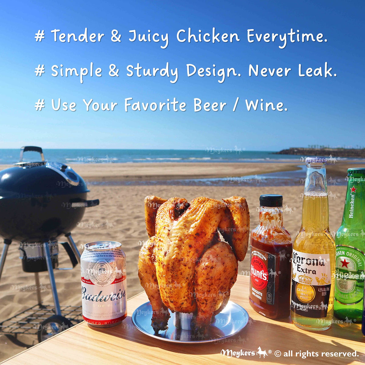 Meykers beer can chicken holder vertical roaster in use for even cooking.