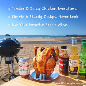 Meykers beer can chicken holder vertical roaster in use for even cooking.