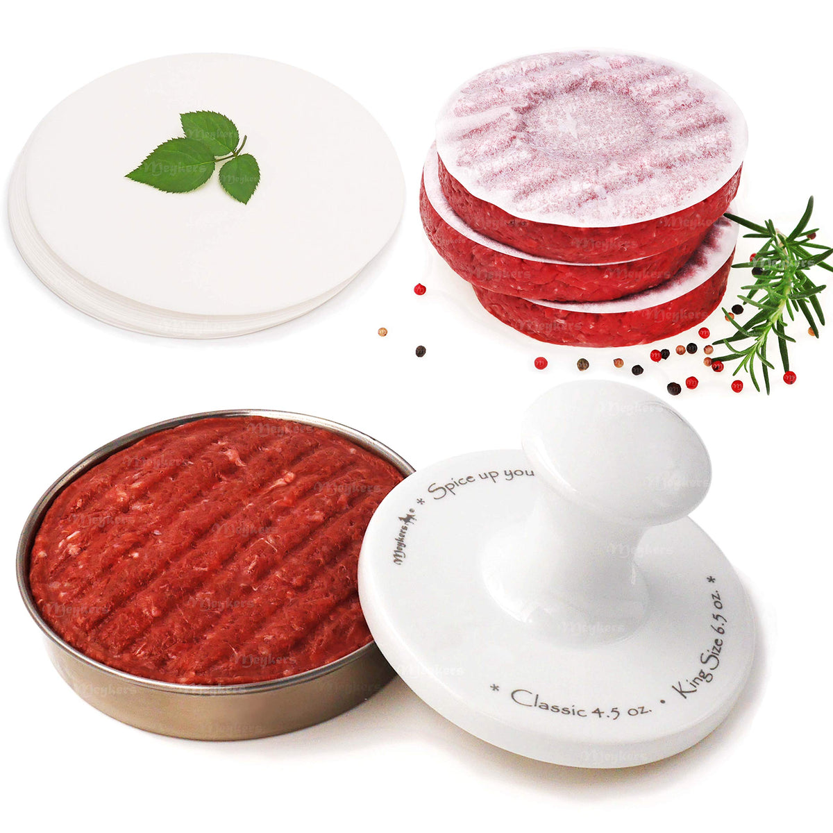Meykers burger press 5in patty round for even cooking.