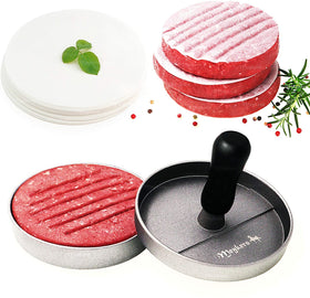 Meykers burger press with detachable handle for easy transport and storage.