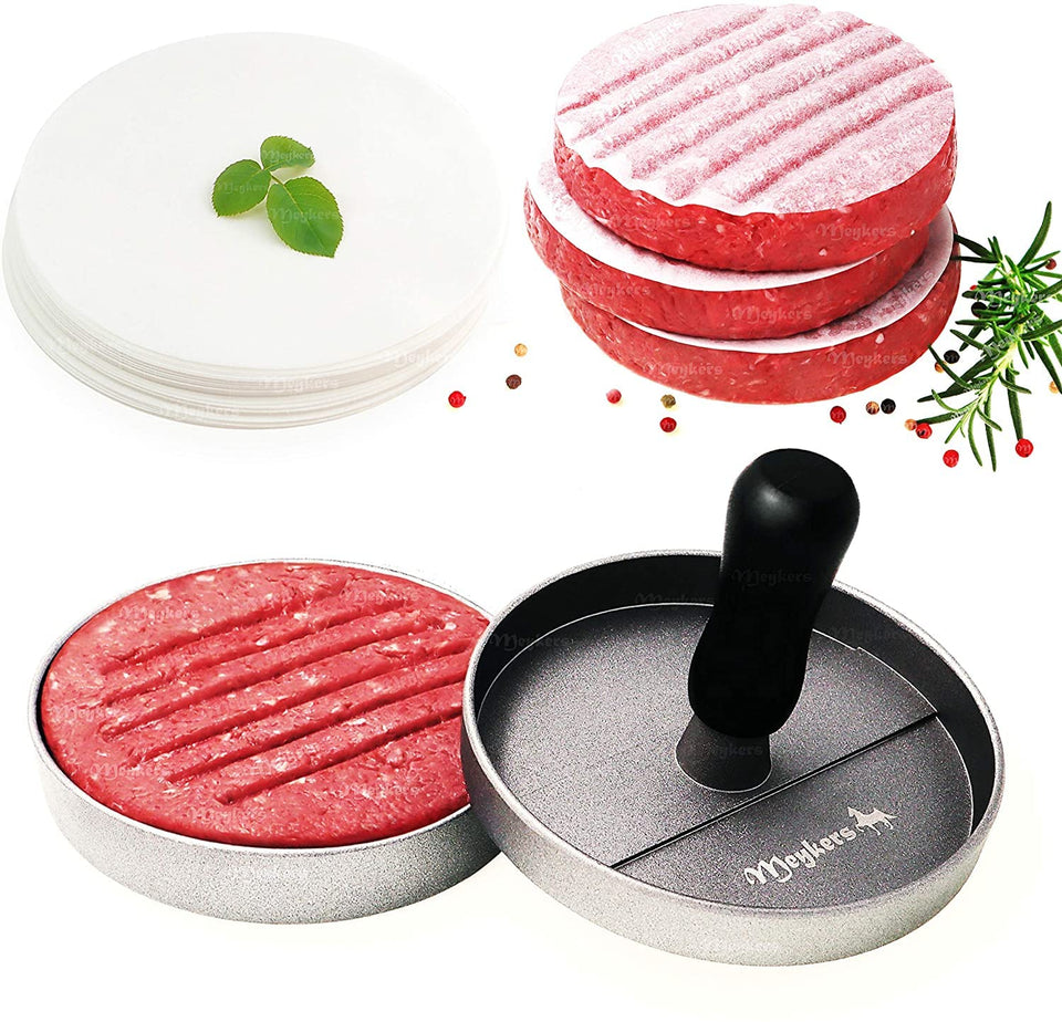 Meykers burger press with detachable handle for easy transport and storage.