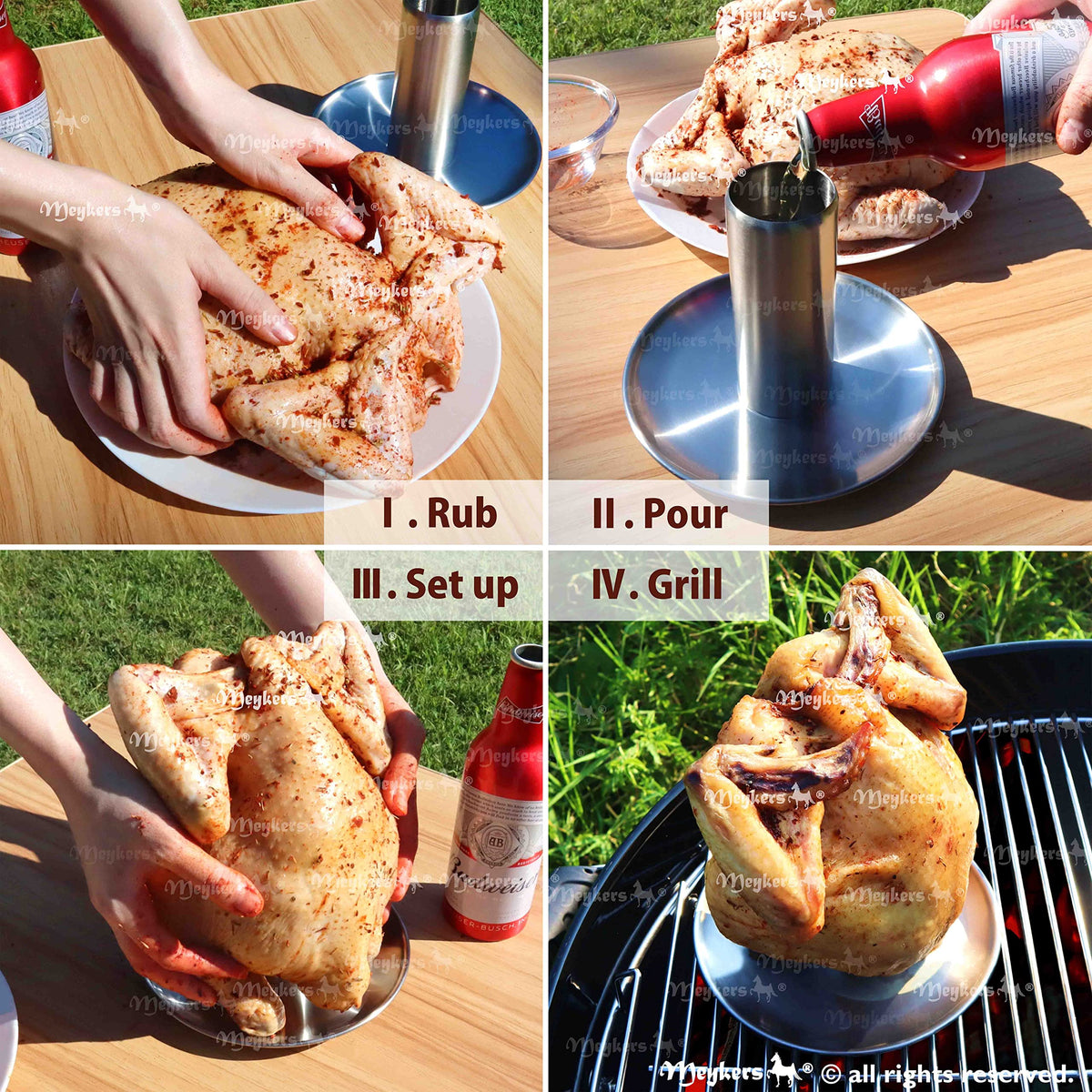 Meykers stainless steel chicken holder close-up highlighting durable, food-grade construction.