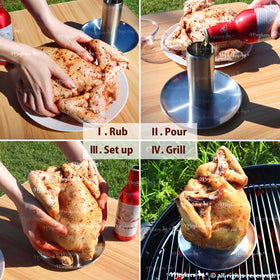 Meykers stainless steel chicken holder close-up highlighting durable, food-grade construction.
