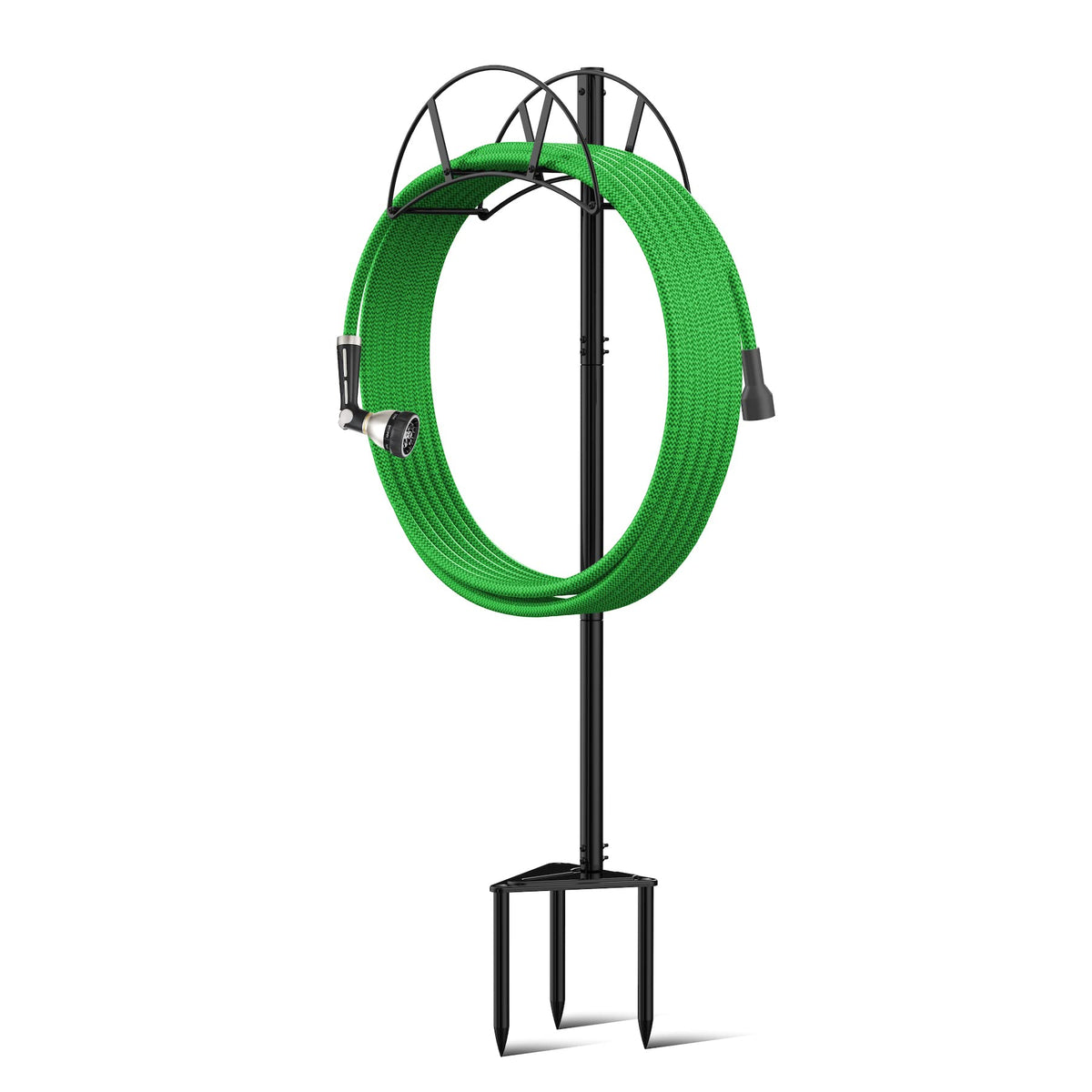 Meykwod hose stand's black finish blends with outdoor spaces